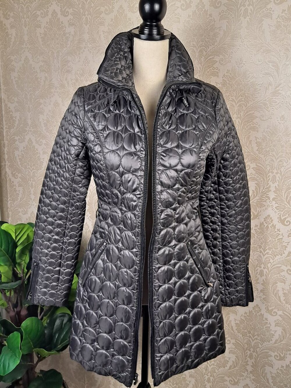 Laundry by Shelli Segal Size Small Black Puffer Coat Mid-Length Zip Front Pocket - Picture 2 of 15